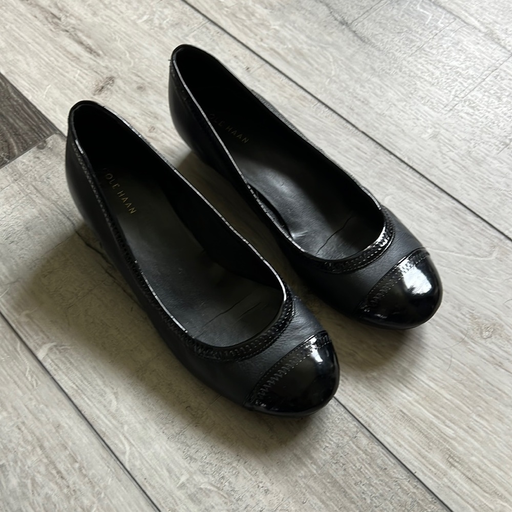 Cole Haan Patent cap toe wedge pump